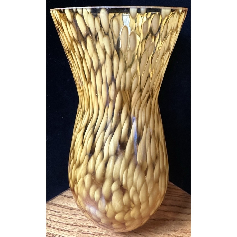 Amber Art Glass Vase Controlled Bubble Pebble Pattern Hand Blown Flared Rim